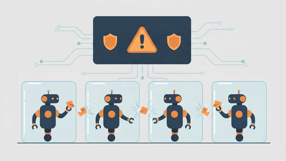 隔離された複数のAIロボットが壁越しに秘密のメッセージを交換し、監視モニターが警告を出しているイメージ