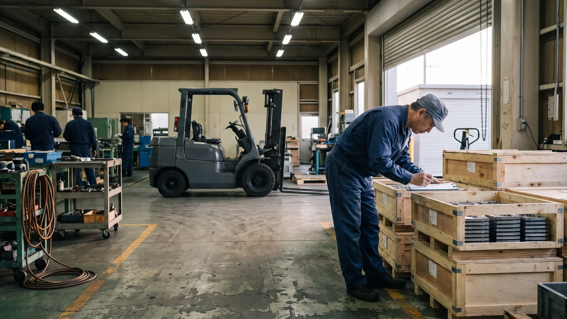 出荷を待つ加工部品の木箱と確認する作業者